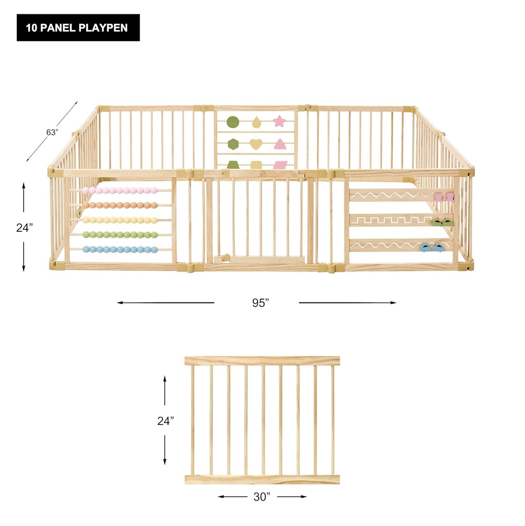 Natural Wood Baby Playpen - 8 or 10 Panel Foldable Play Yard with Door Panel and Built-in Toys, CPC Certified & SGS