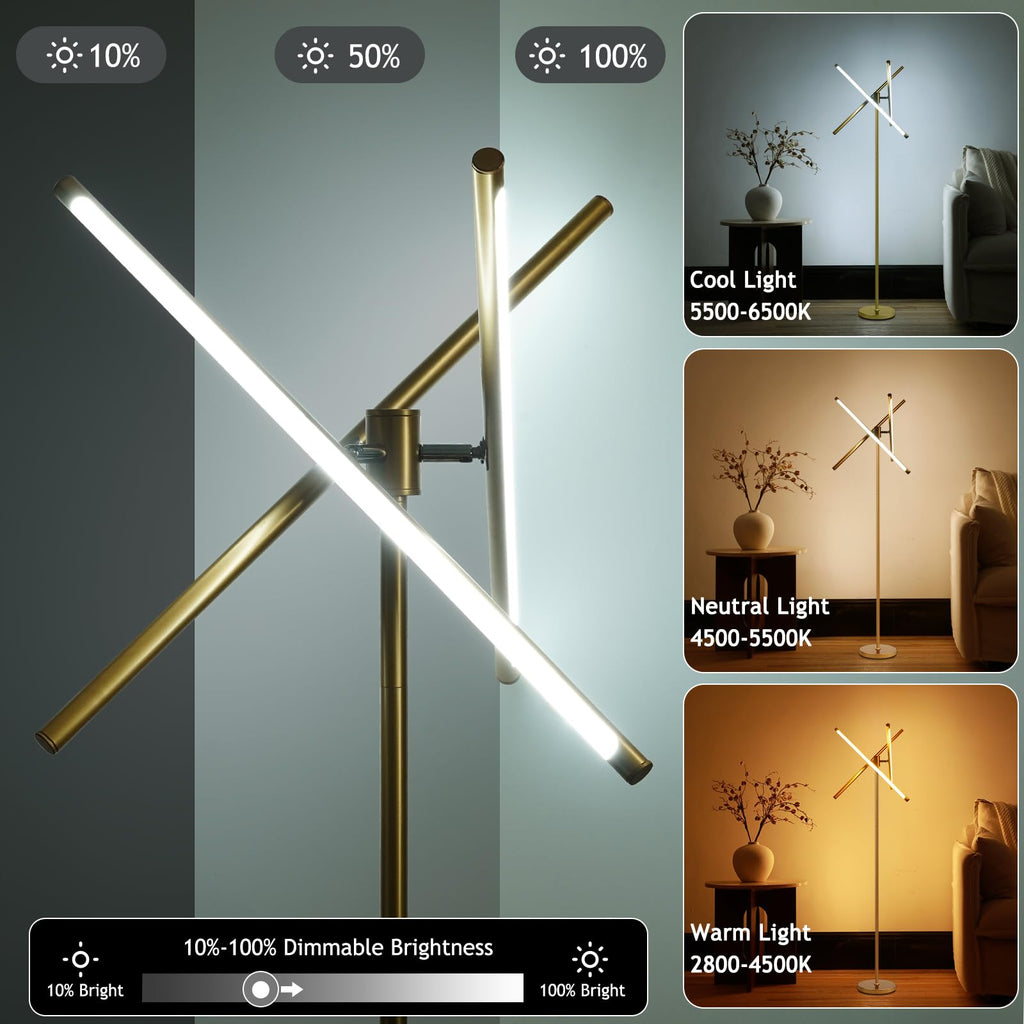 Modern Gold Floor Lamp, Dimmable LED Standing Lamp with Remote