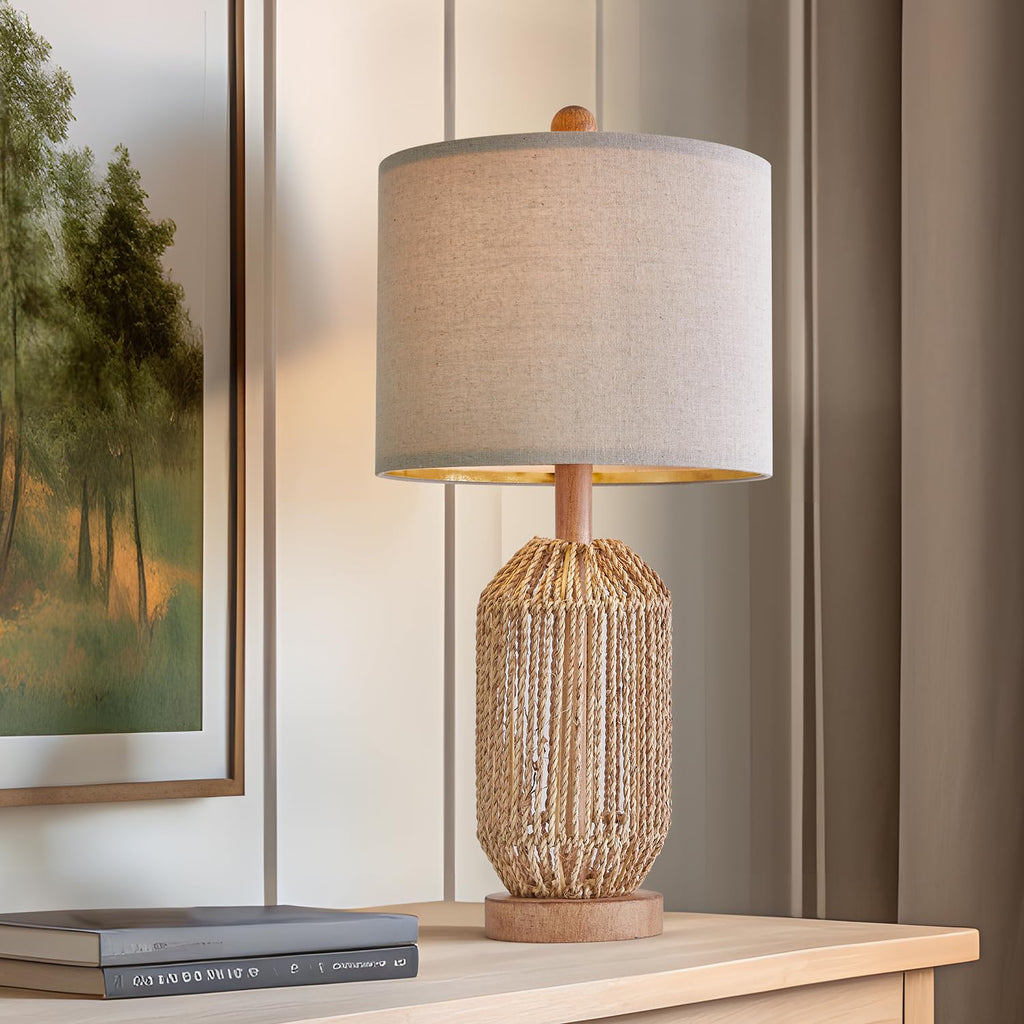 21" Boho Table Lamp, Bedside Lamp for Nightstands, Rattan Lamp, Farmhouse Table Lamp for Room Decor, End Table