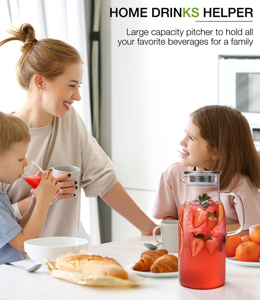 LUNA&MANTHA Glass Pitcher, 2 Liter 68oz Water Pitcher with Lid and Spout, Large Ice Tea Jug for Fridge, Thick Drink