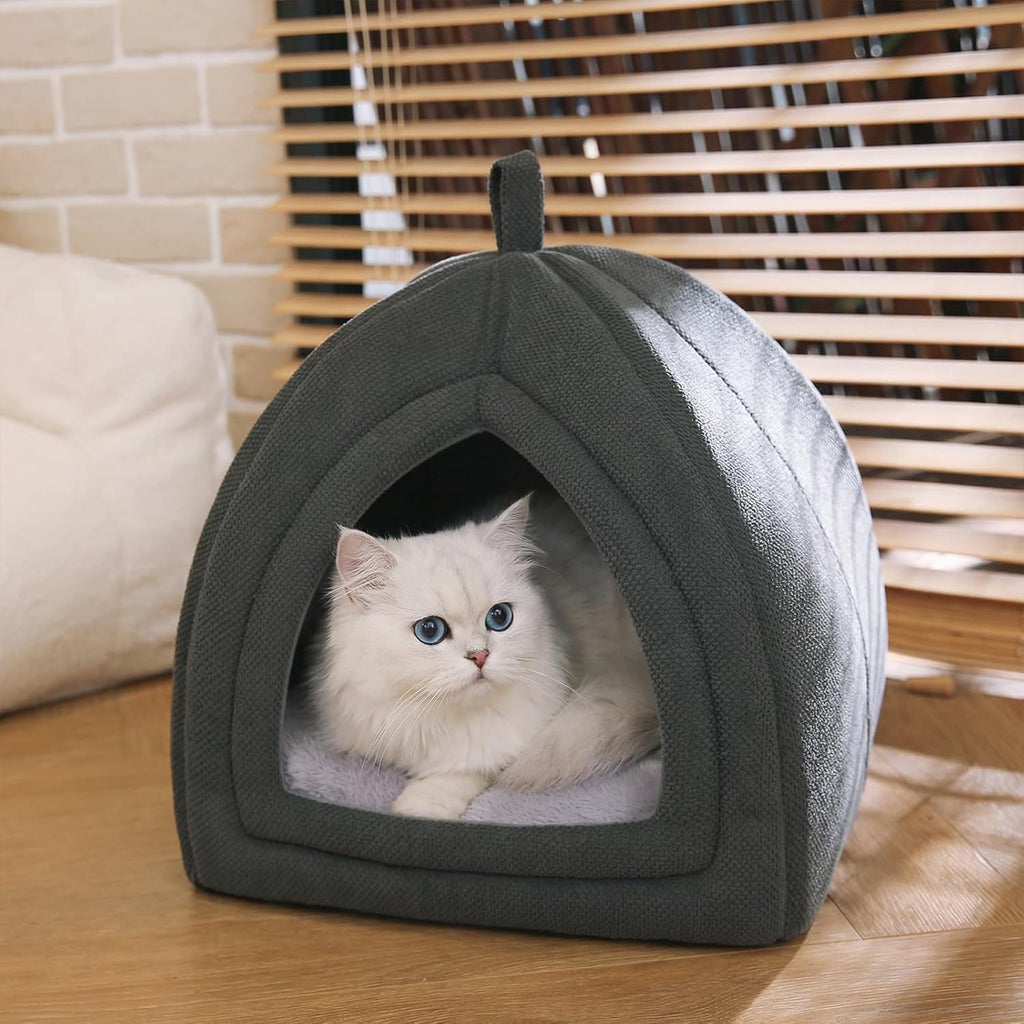 Cat Cave Bed, 2-in-1 Foldable House for Indoor Cats, with Washable Cushion and Non-Slip Base, 17.5 x 17.5 Inches, Large
