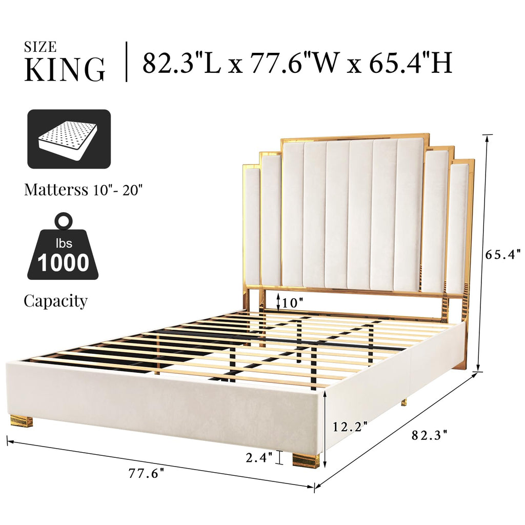 King Size Platform Bed Frame, 61.4" Velvet Upholstered Bed with Gold Trim Headboard/Wooden Slats/No Box Spring