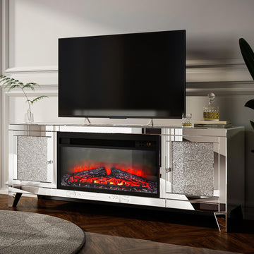 Silver TV Stand with Fireplace, Mirrored TV Stands for 65 Inch TVs, Electric Fireplace Heater Entertainment Center