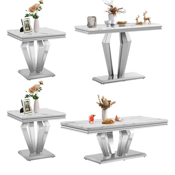 Modern 4 Piece Living Room Table Set, Includes 1 Coffee Table& 2 End Tables &1 Console Table, Luxury Faux Marble