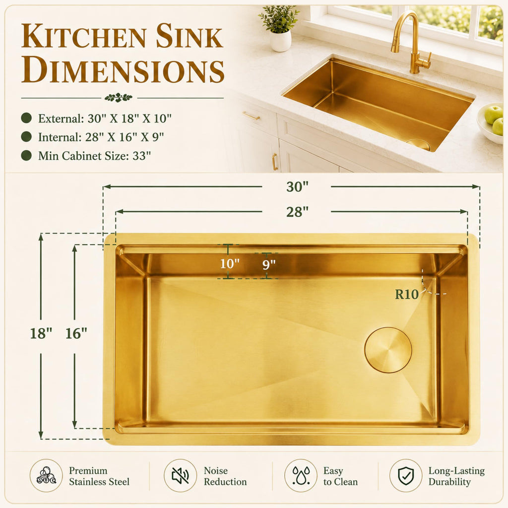 Gold Kitchen Sink Offset Drain, 30"X18" Undermount Single Bowl Sink