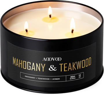 Mahogany Teakwood Candles for Men - 3 Wick 12oz Black Scented Candle - Set of 12