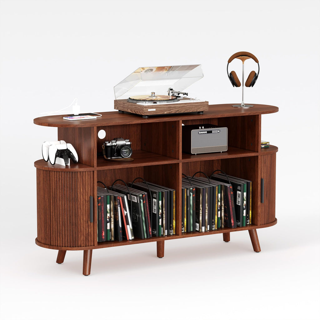 55'' Fluted Mid Century Modern Turntable Cabinet with Vinyl Storage, Large Round Record Player Stand with Charging