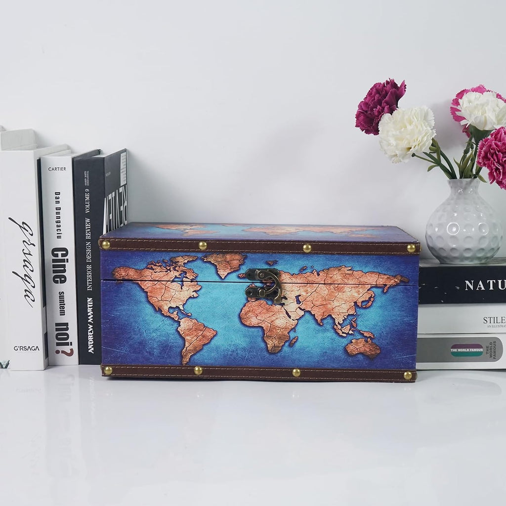 Small Wooden Organizer Storage Box, 11''L Decorative Blue Map