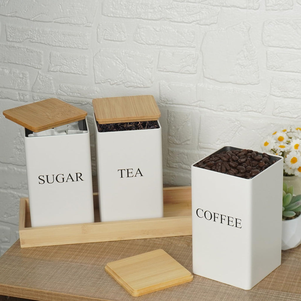 3Pcs Coffee Tea Sugar Container Set, White Iron Storage Tin with Bamboo Lid and Tray, Square Airtight Food Container