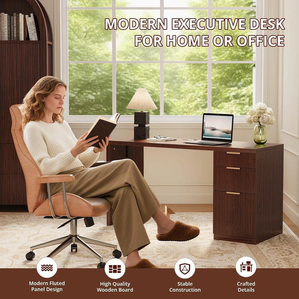 58" Modern Executive Desk with Storage, Home Office Desk with Drawer & Cabinet, Wooden Fluted Desk for Study