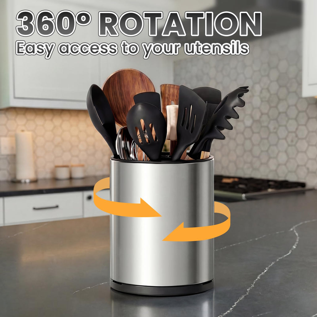 Kitchen Utensil Holder Stainless Steel Rotating Utensil Crock
