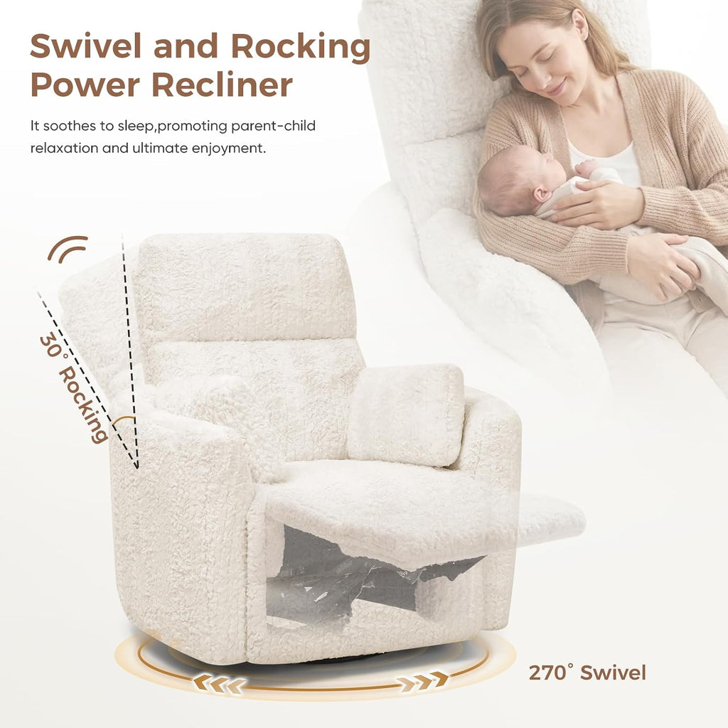 Power Swivel Rocker Recliner, Large Glider Rocking Chair, Beige | Fluffy Plush Nursery Chair w/ 2 Pillows, USB and