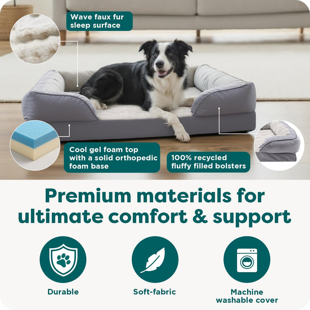 Cooling Gel Dog Bed for Dogs w/ Removable Bolsters & Washable Cover, For Dogs Up to 55 lbs - Plush &