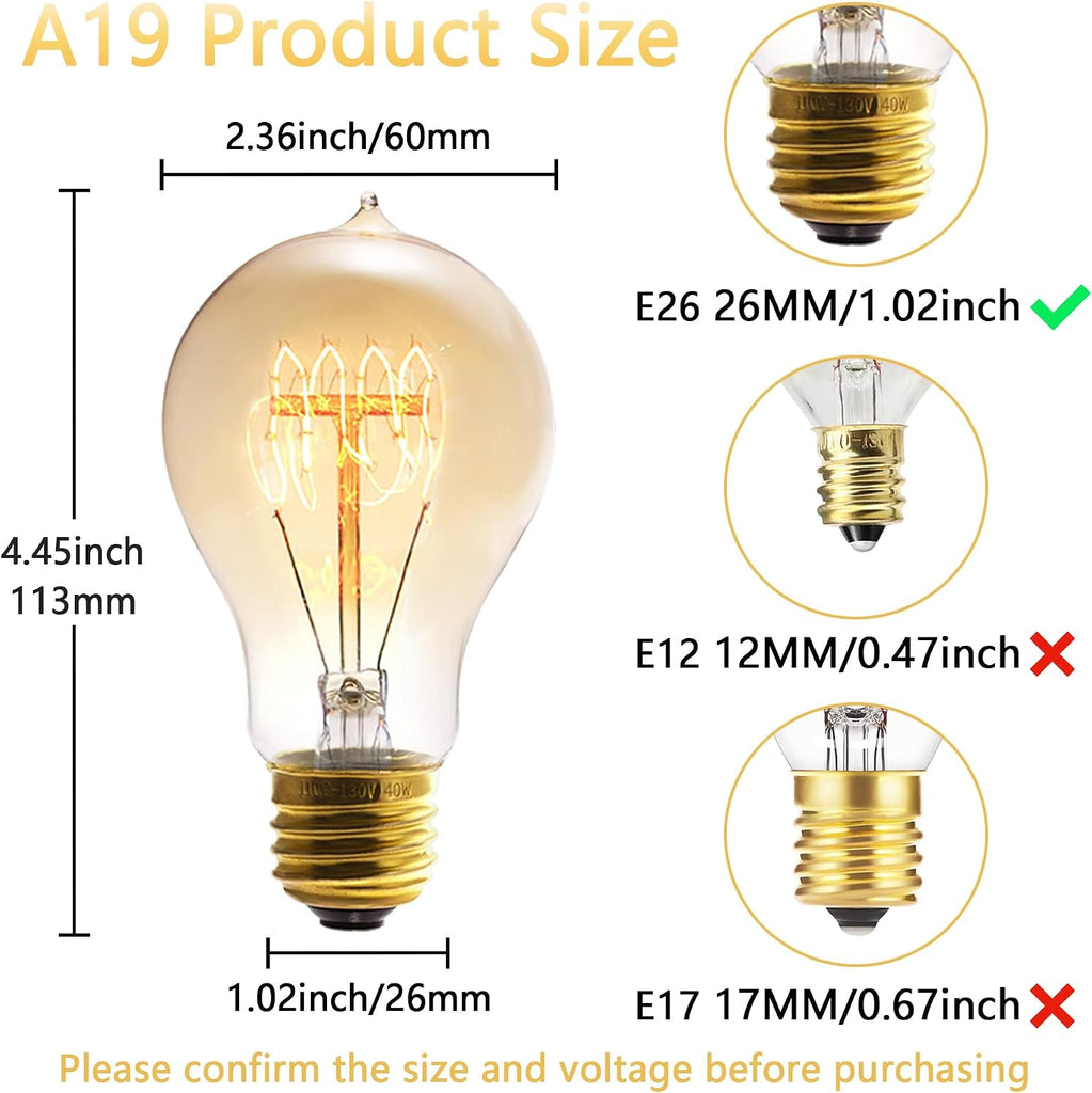 A19 Incandescent Light Bulbs 40W E26 Dimmable Edison Bulbs 2 Pack