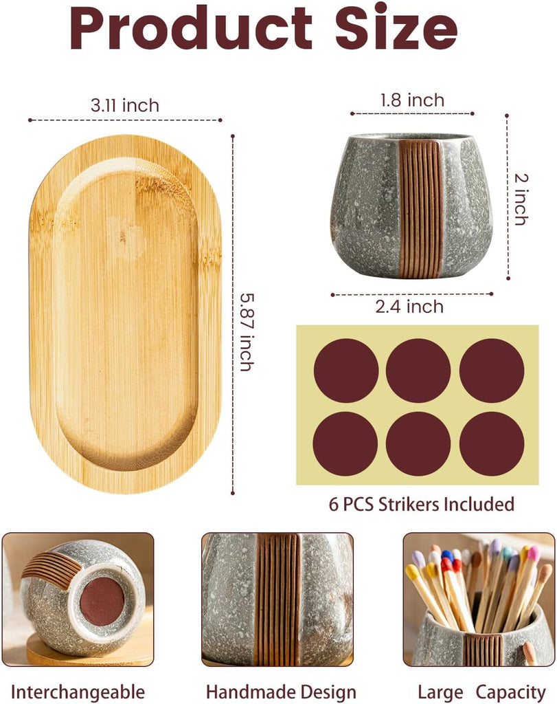 Match Holder with Striker, Ceramic Matchstick Container - Set of 2
