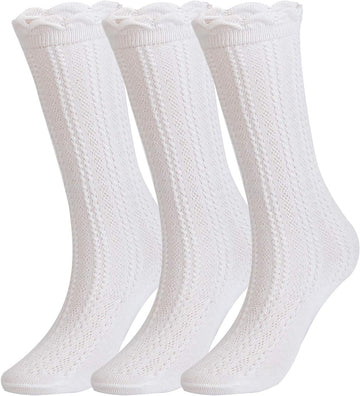Girls Cotton Knee High Socks Mesh Ruffle School Uniform Long Socks