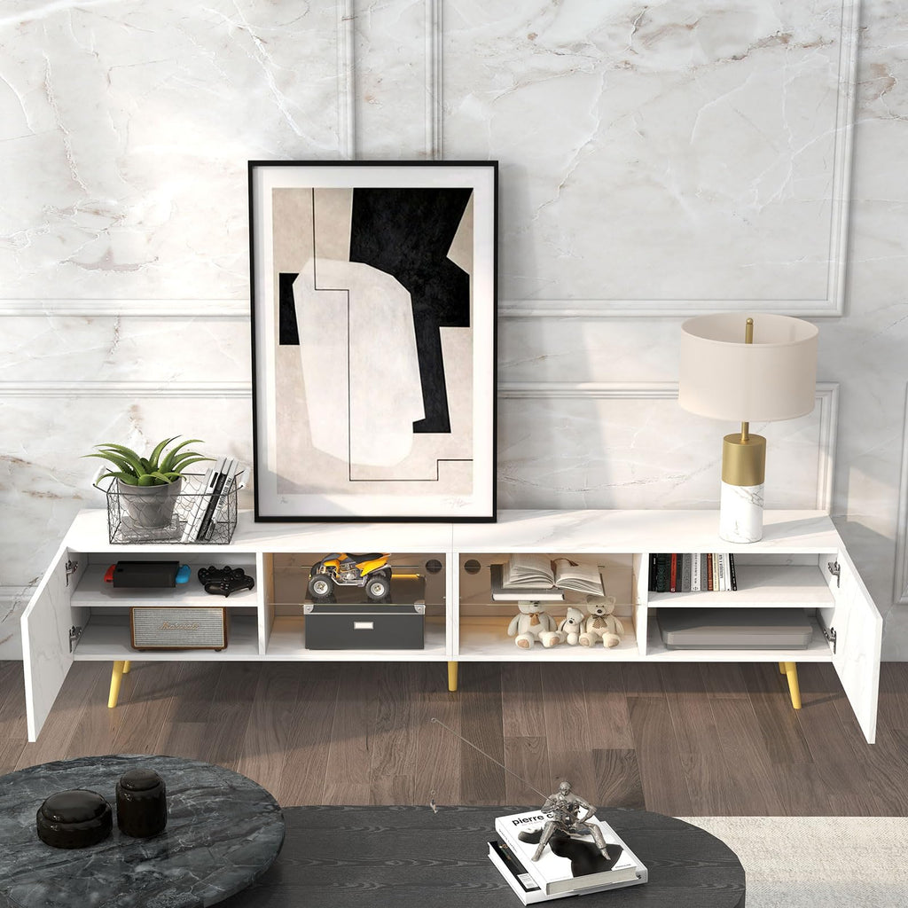 86" LED TV Stand, Modern Entertainment Center, White Marble