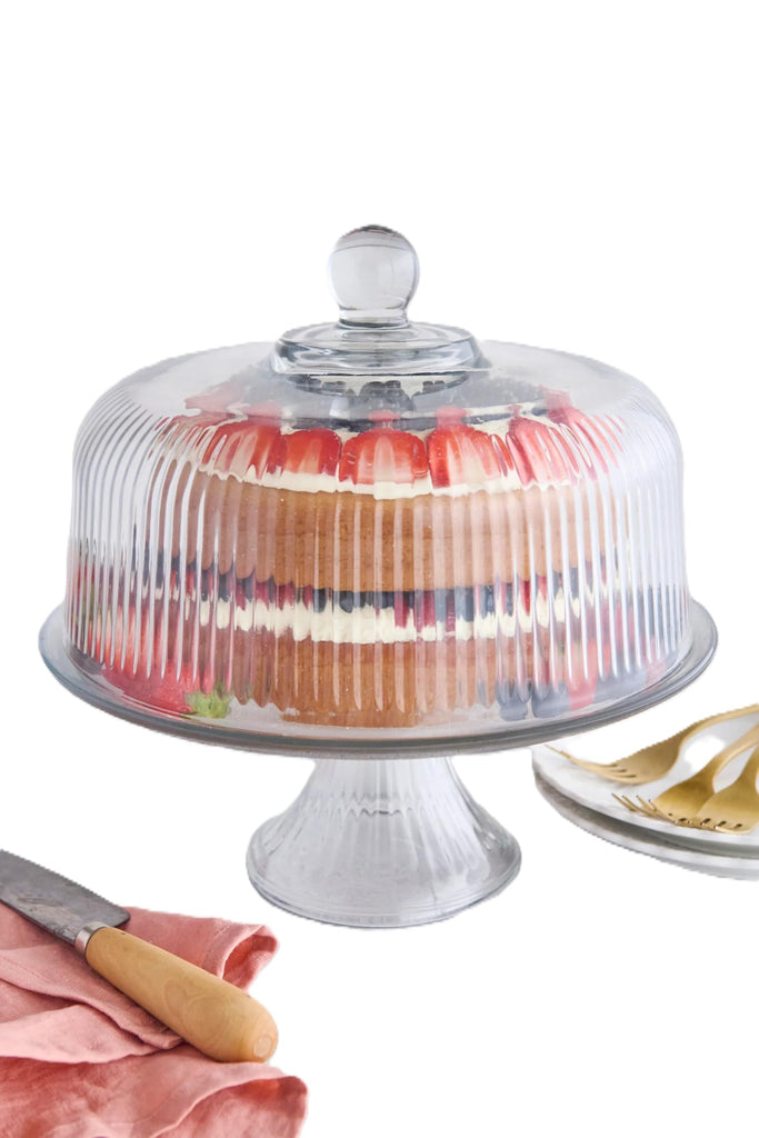 Glass Cake Stand with Dome, Ribbed Design, Pedestal Base, Clear
