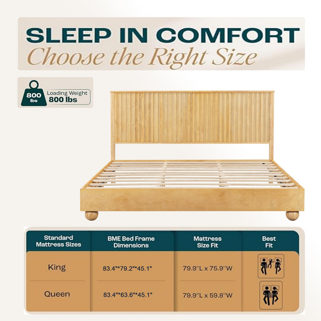Queen Size Bed Frame with Reeded Headboard, Natural Wood Platform Bed Frame with Sturdy Wooden Support Slats, No Box