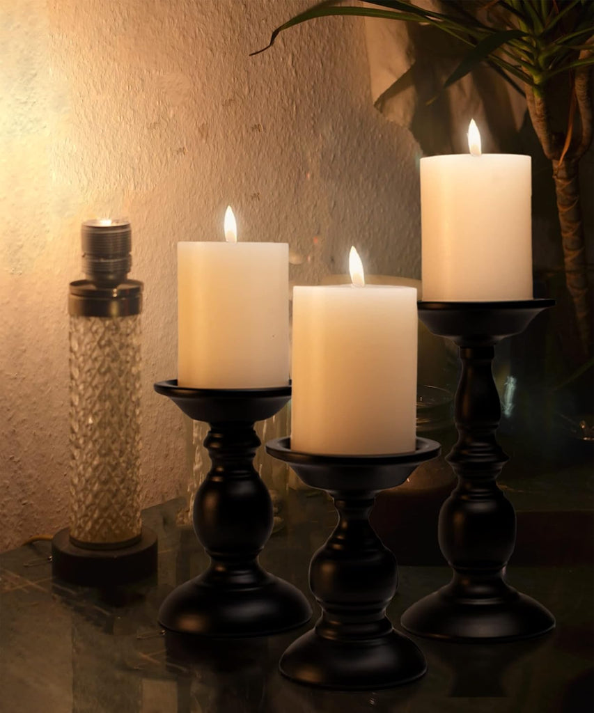 Black Pillar Candle Holders Set of 3, Vintage Candle Holder for Table Centerpiece & Fireplace Decor, Decorative