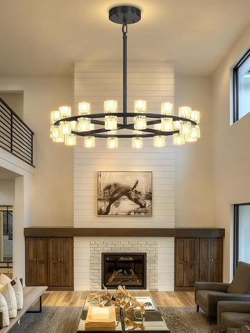 Inspired Arcachon Style Round Wagon Wheel Chandelier, 32" 32-Light Black — Foyer, Dining & Living Room