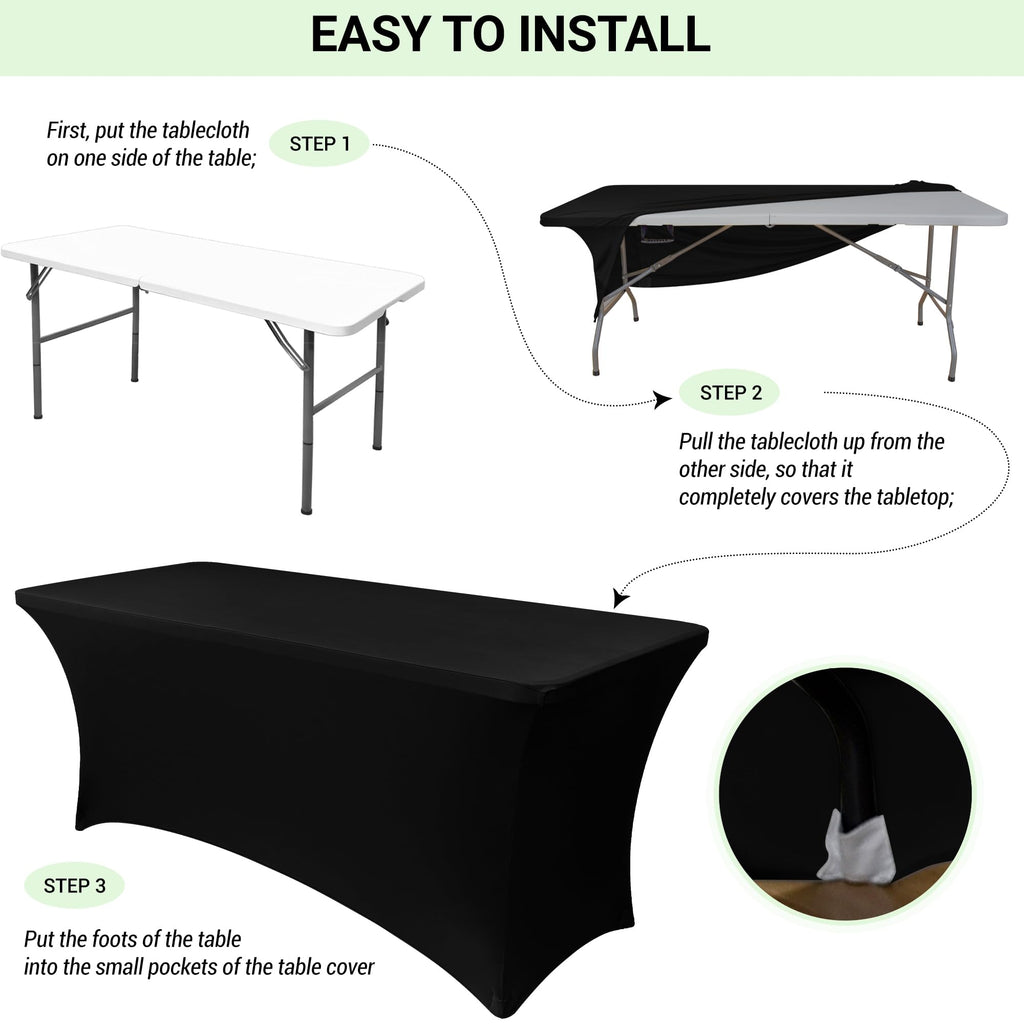6ft Stretch Black Spandex Table Cloth 2 Pack for Folding Tables