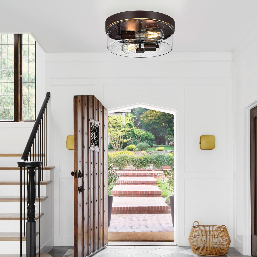 Flush Mount Ceiling Light Fixtures, 2-Light Oil Rubbed Bronze Ceiling Mount for Farmhouse with Seeded Glass