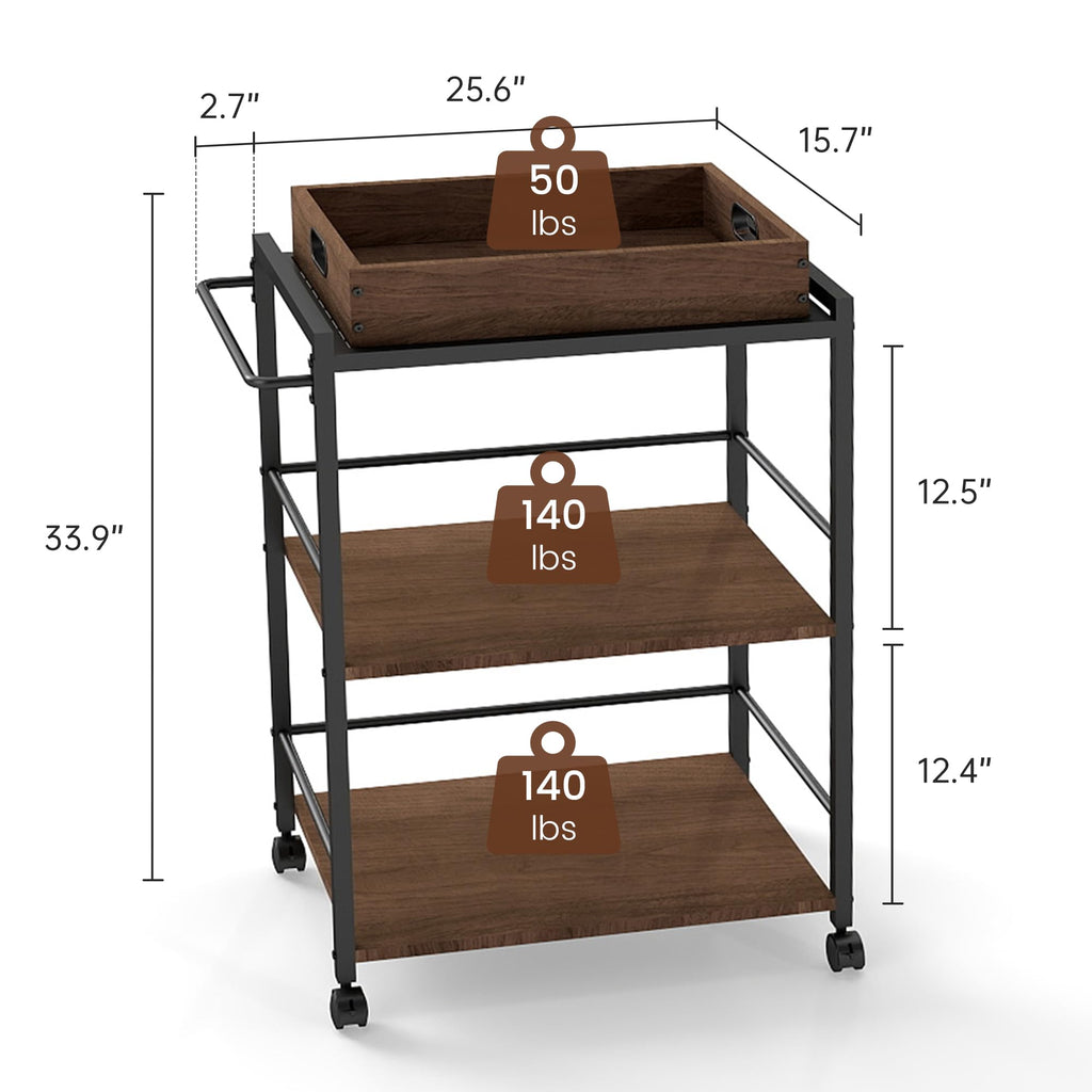 3 Tier Kitchen Cart, Rolling Bar Cart, Walnut