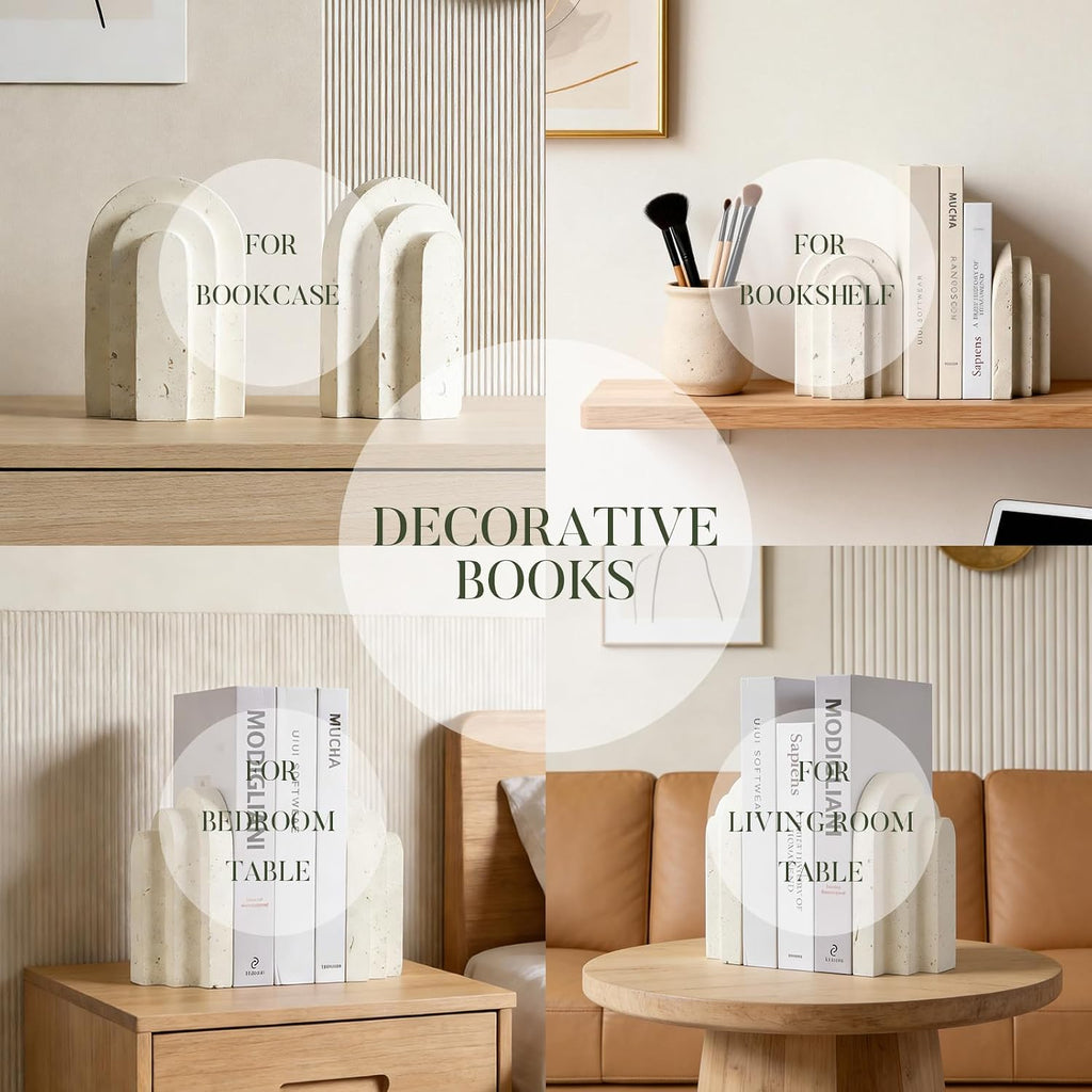 Ends for Heavy Books, Beige Modern Pleasing Layered Arch Design | Aesthetic Bookend Decorative, Concrete Book Ends to