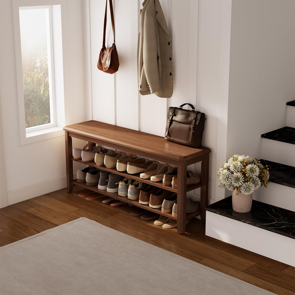 Wood Shoe Rack Bench, 2 Tier Shoe Rack for Front Door Entrance