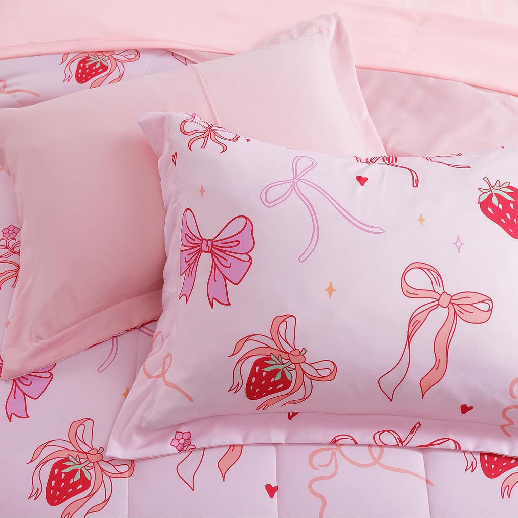 Full Comforter Set for Girls - 4 Pieces Pink Bow Full Bedding Sets for Kids, 1 Comforter, 2 Shams and 1 Decor Pillow
