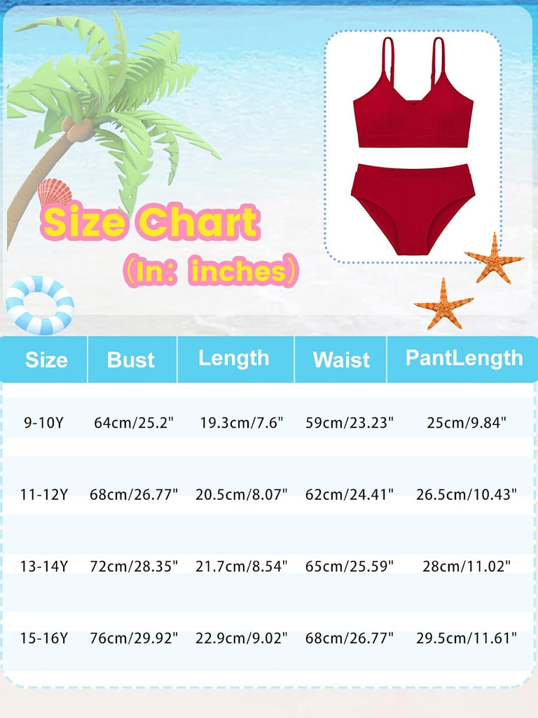 Girl's 2 Piece Ribbed Swimsuit V Neck Bikini Sets Bathing Suit Swimwear