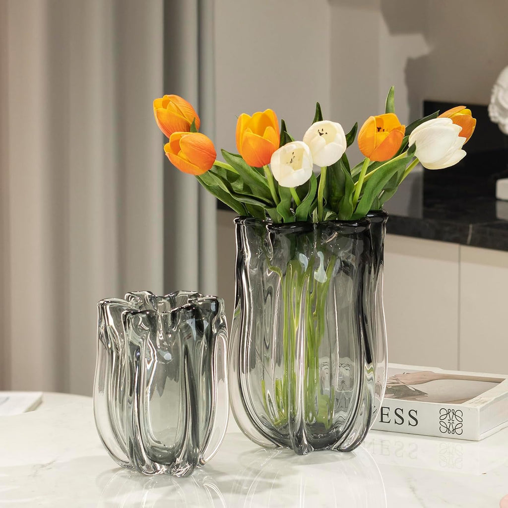 Black Advanced Grey Glass Vase for Flowers, Hand Blown Art Glass Glass vase,Room Decoration and Centerpiece