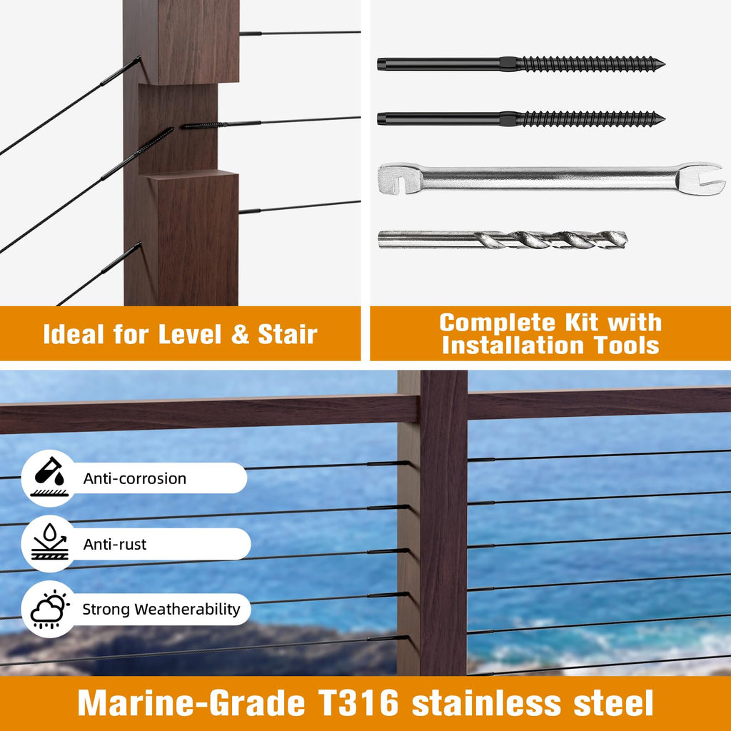 Swage Lag Screws for Cable Railing - 80 Pack Black T316 Stainless Steel Left and Right Handed Thread - 1/8" Cable