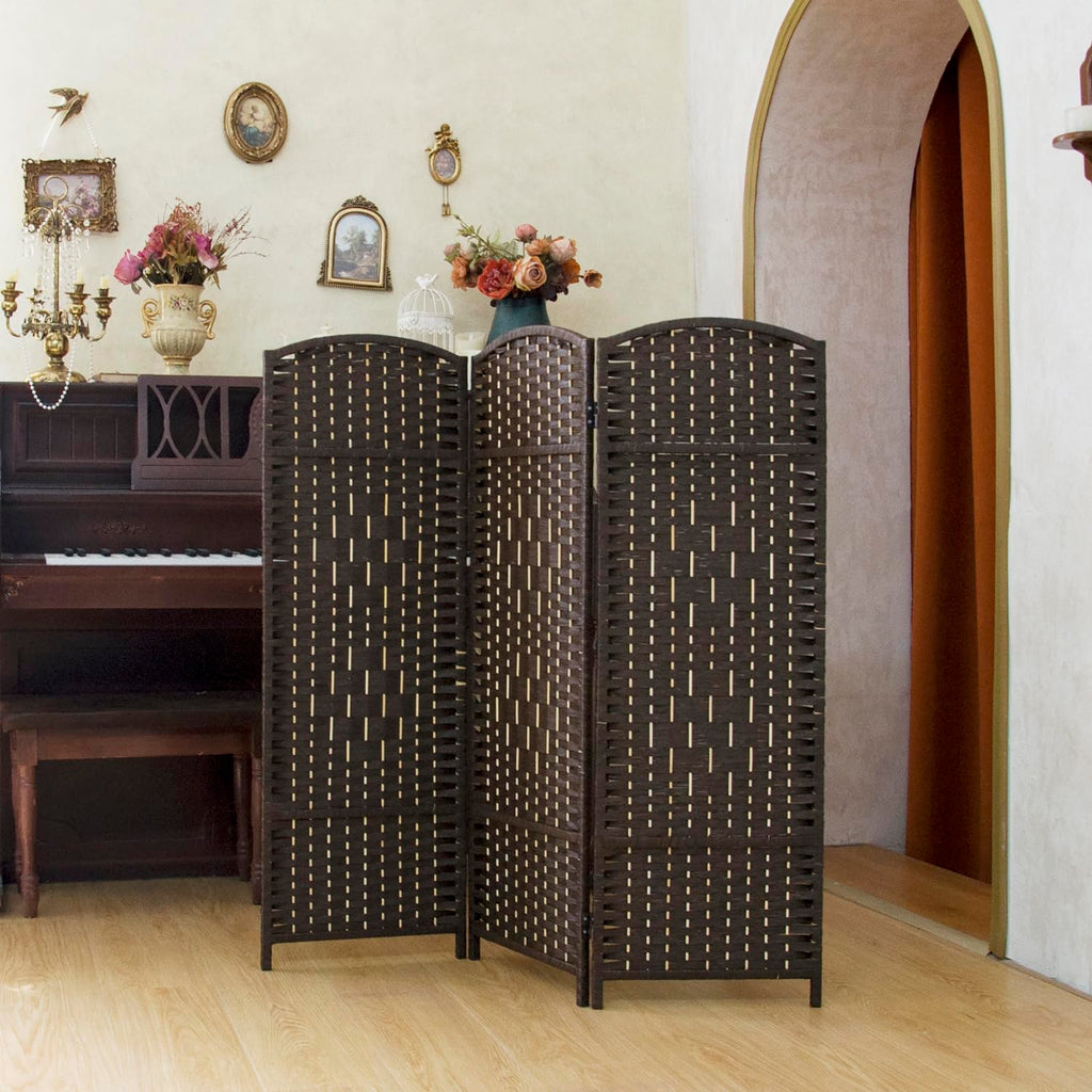 Compact 3 Panel Short Room Divider, 47.2 Inch Tall Double-Sided Rattan Folding Privacy Screen, Dark Brown