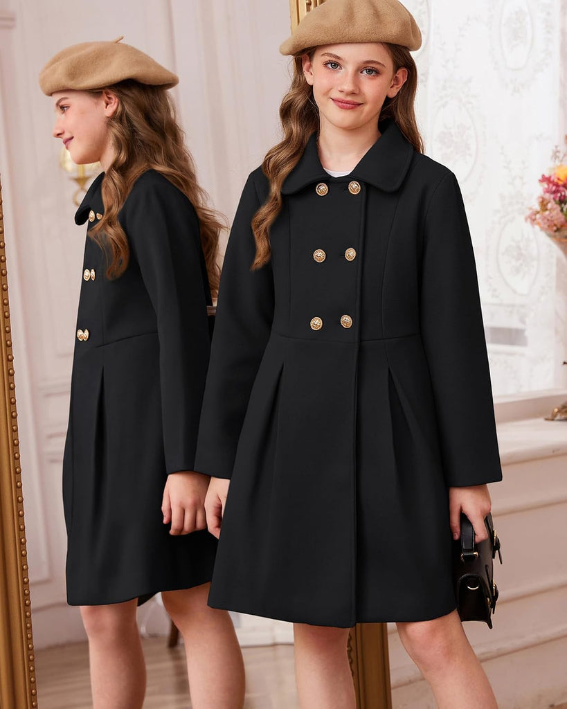 Girls Dress Coat Wool Peacoat with Lapel Pockets Winter Warm Long Jacket for Kids