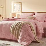 Full Comforter Sets 7 Pieces, Pink Seersucker Bed in a Bag Set Full, All Season Luxury Bedding Sets with Comforter