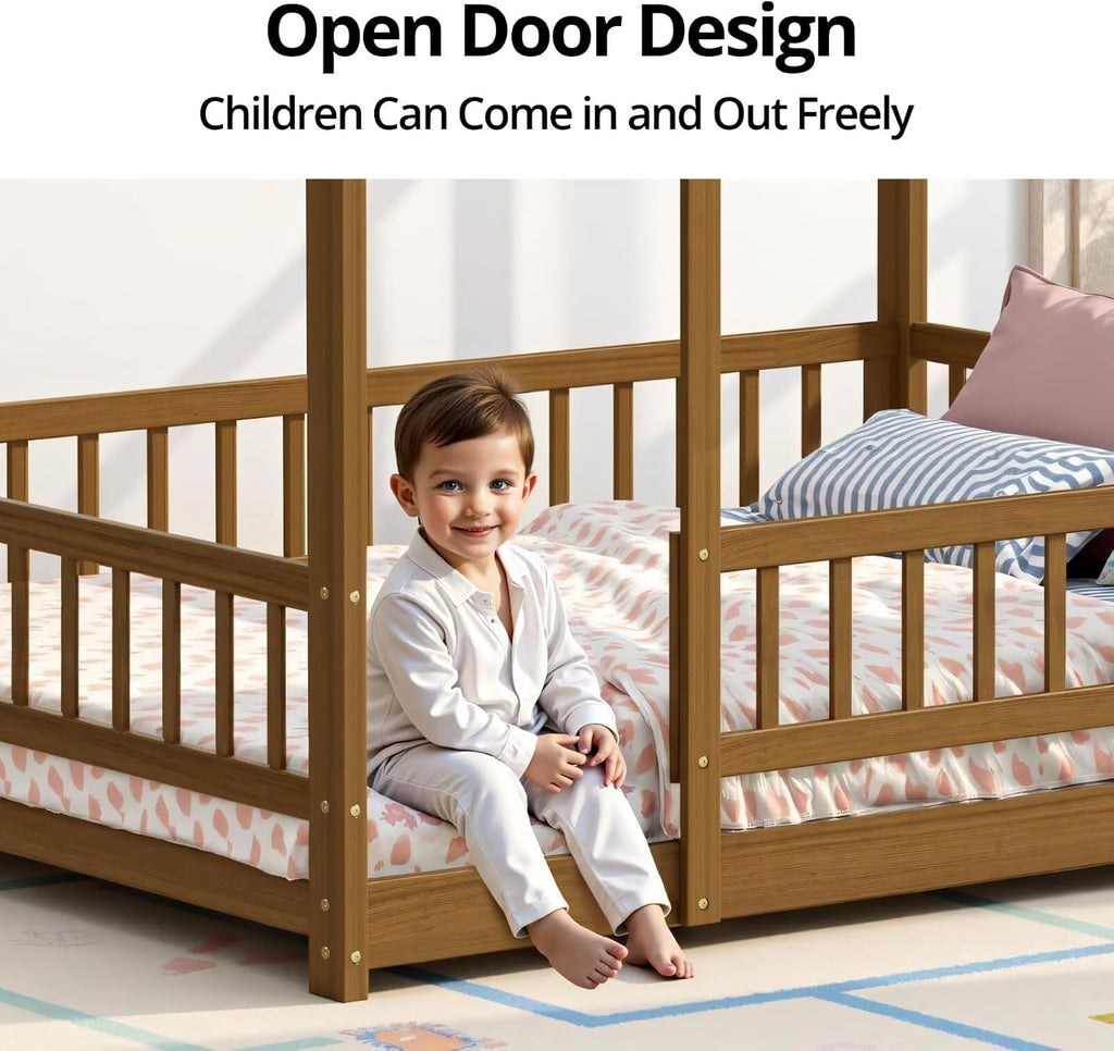 Montessori Floor Bed Frame with Slats and Fence, Wooden House Bed for Boys Girls Bedroom, Light Espresso