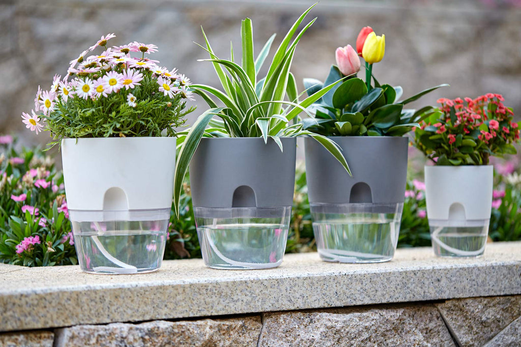 Self Watering Planter for Indoor Plants, 2 Pack 9.3 Inch Flower Pot Modern Decorative Plastic Planter with Extra