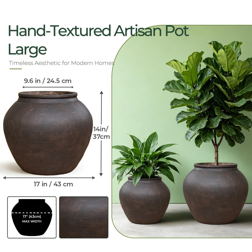 17 Inch Fiberstone Planter Pot with Drainage Hole, Large Indoor Outdoor Flower Pot for Olive Trees, Monstera &