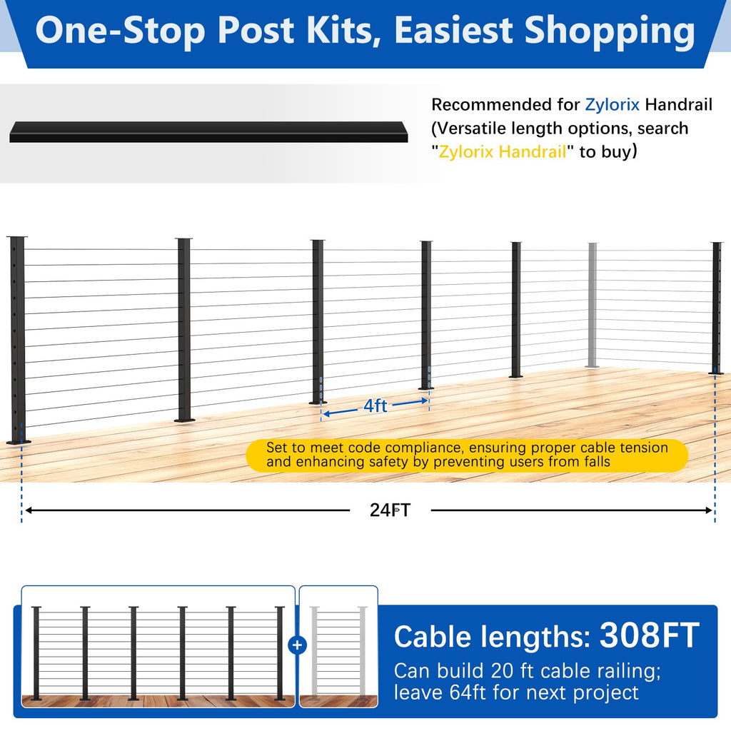 42" Modular Cable Railing Post Kit for Deck, Surface-Mount | 6 Level Post Kit, 1/8" Wire Rope, Swage Cable