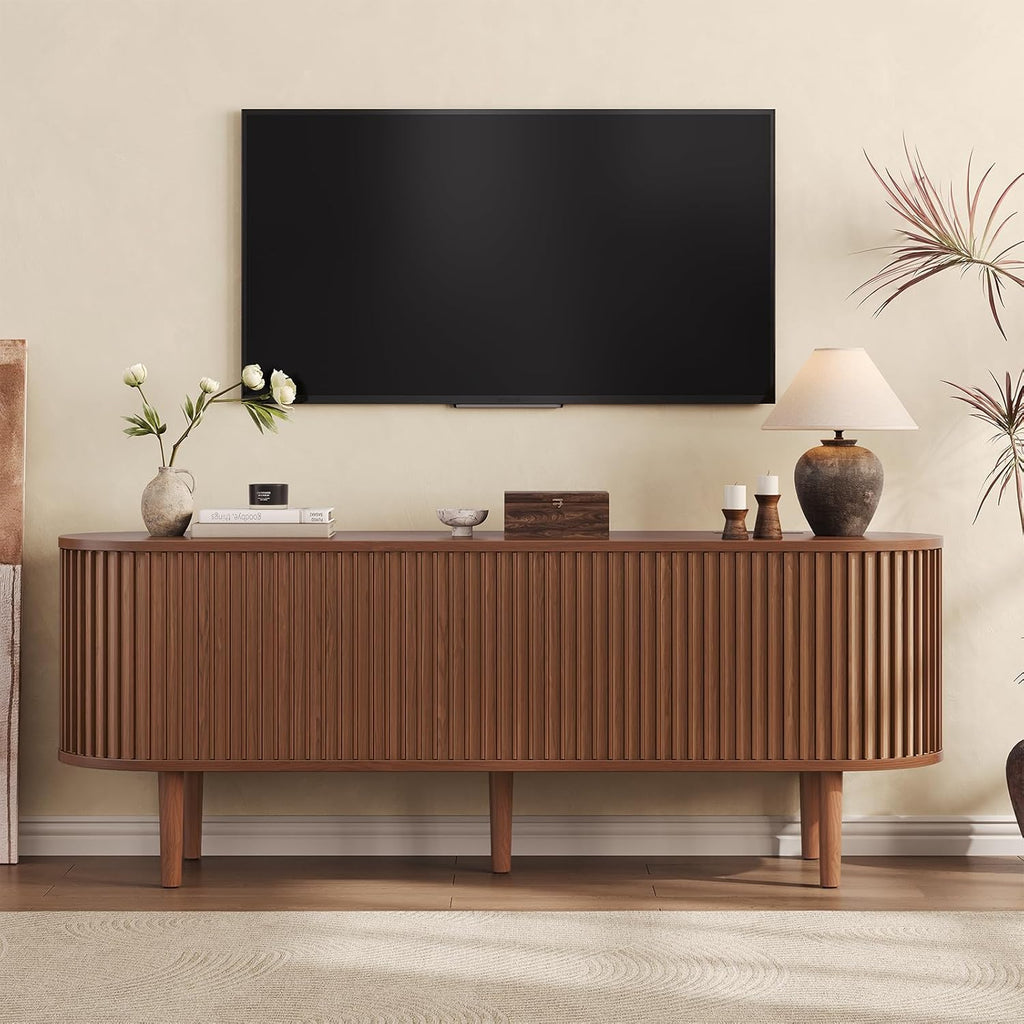 59" TV Stand for 65" TV with Power Outlet, Entertainment Center with Solid Wood Leg, Fluted TV Console with