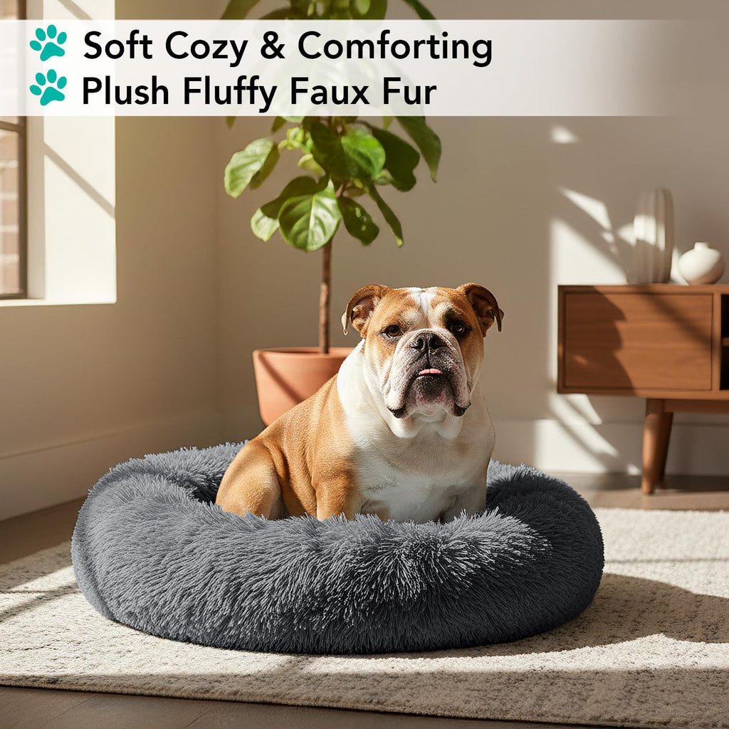 Calming Donut Dog Bed, Washable Faux Fur, Medium, Grey