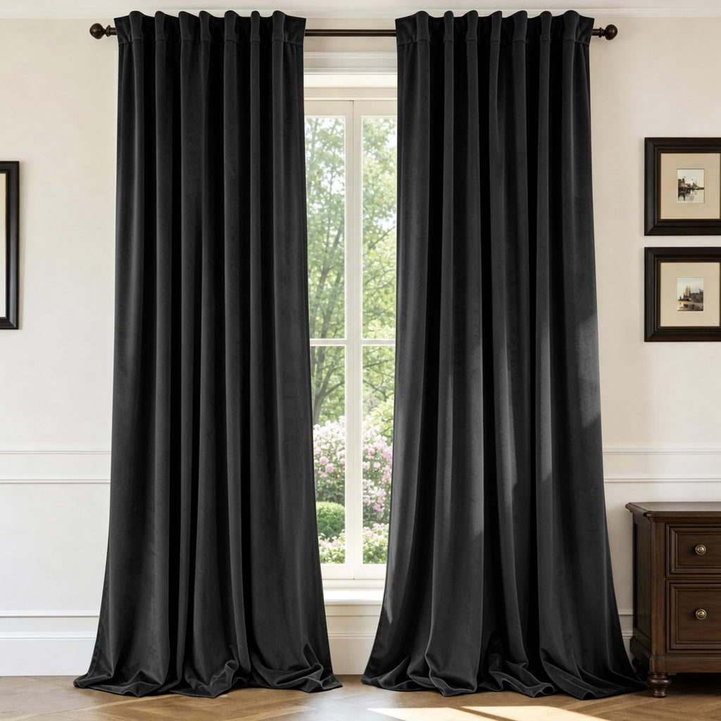 Midnight Black Velvet Blackout Curtains 52x120, 2 Panels