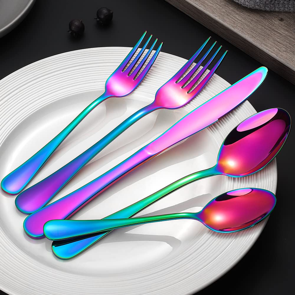 Rainbow Silverware Flatware Set for 8, 40 piece Stainless Steel Colorful Cutlery With Titanium Plated, Tableware