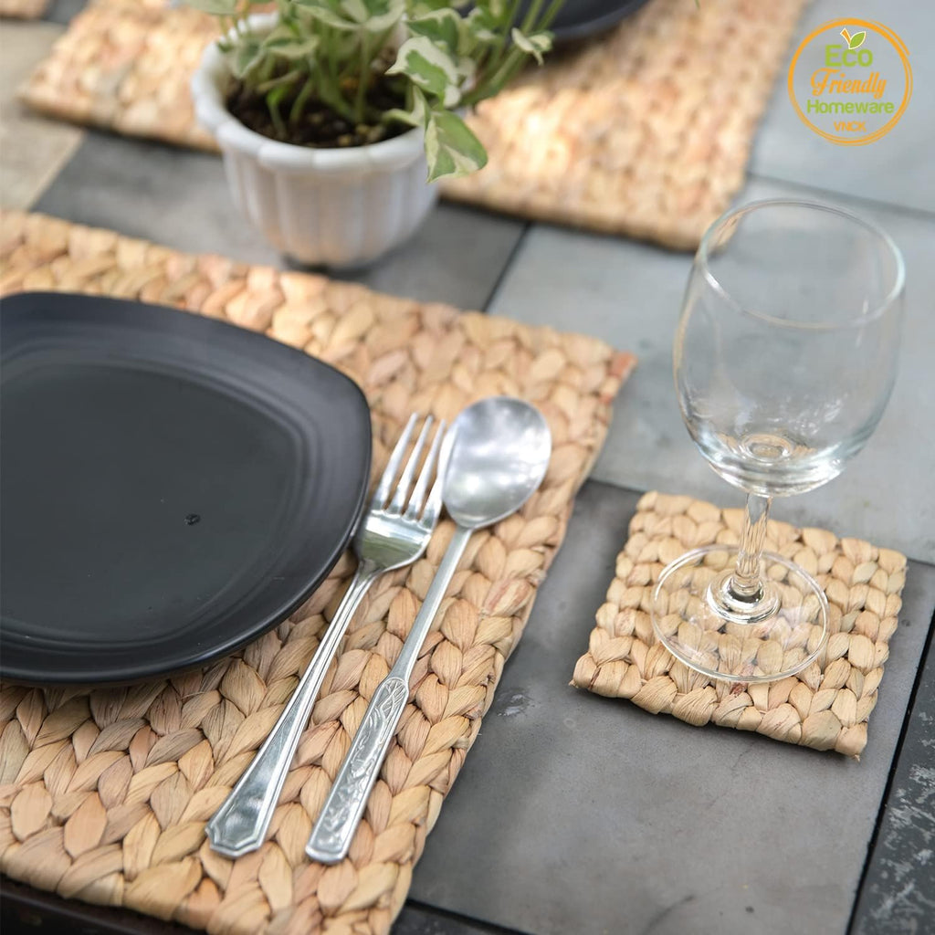 Square Placemats Set of 6, Water Hyacinth Woven Placemats for Dining Table, Boho Rattan Plate Chargers for Dinner