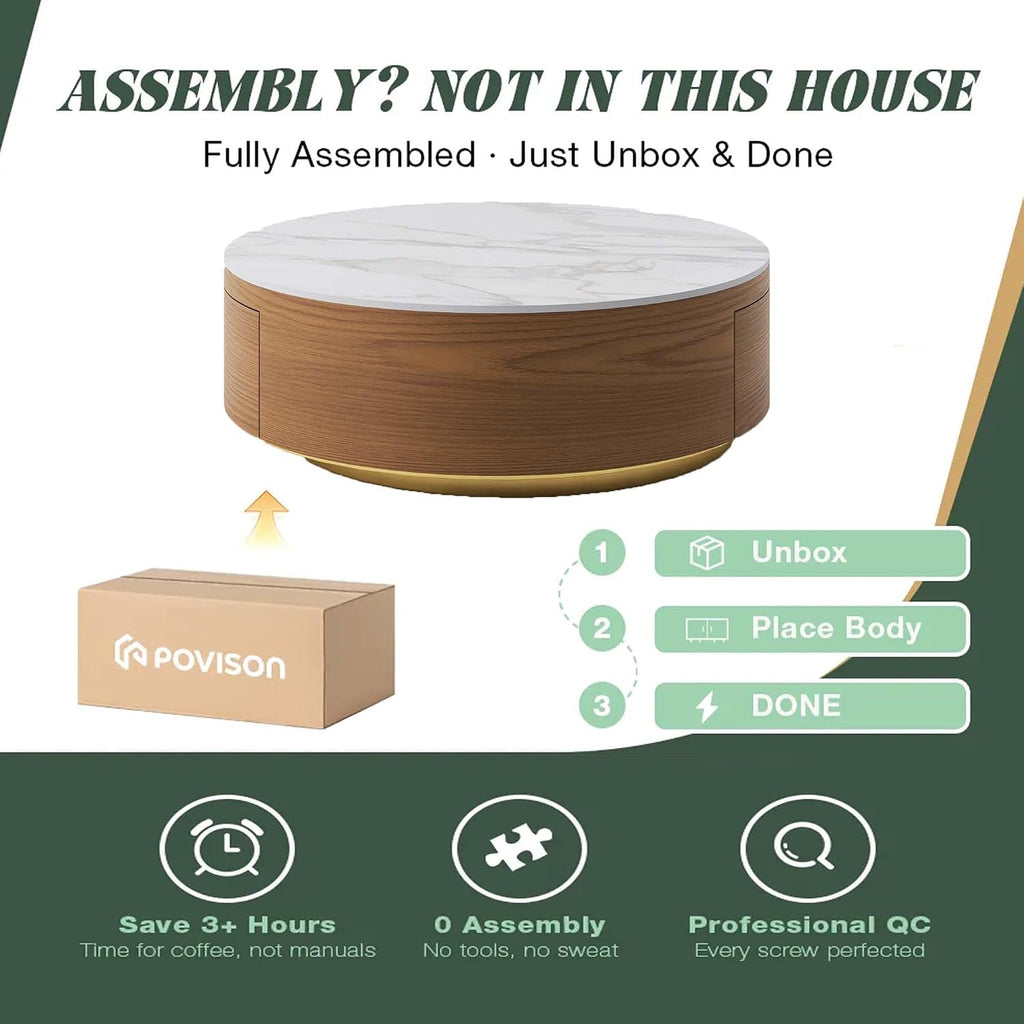 35.43" Modern Round Coffee Table with Storage,Sintered Stone Top Drum Coffee Table with Drawers,Oak Veneer,Circle Coff