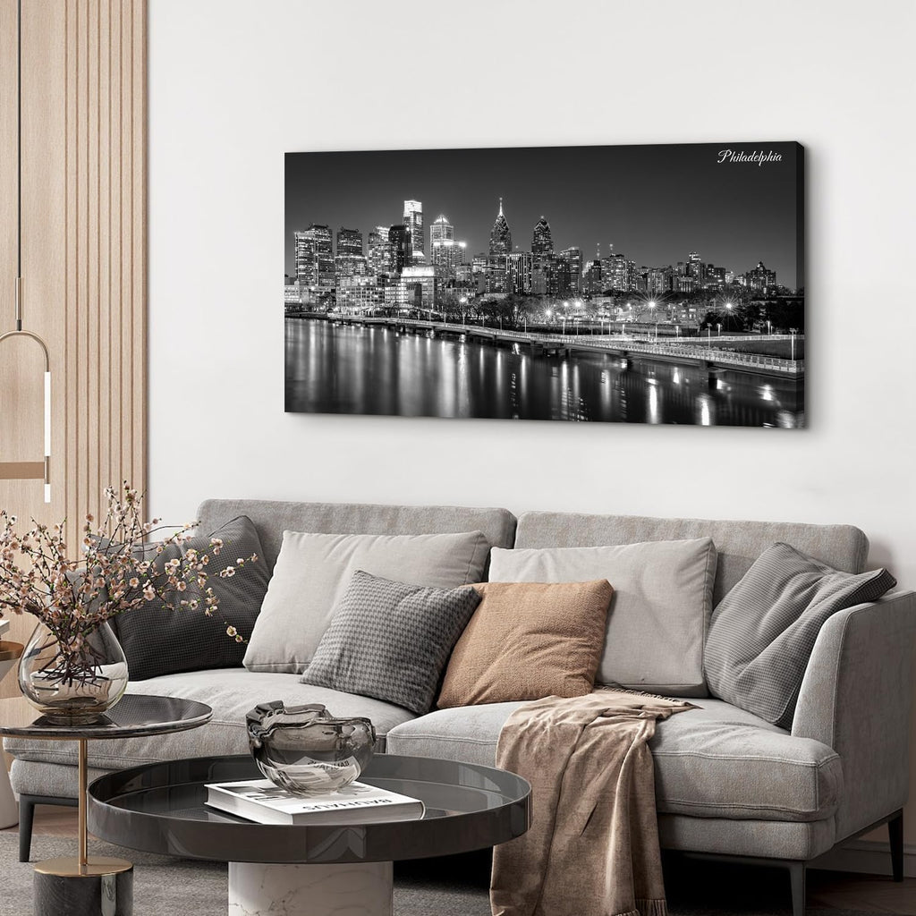 Philadelphia Skyline Canvas Wall Art Black and White Pennsylvania Cityscape Pictures Philly City Night View Prints