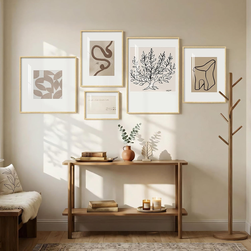 Framed Matisse Abstract Neutral Wall Art, 5 Piece Large Beige Canvas Prints Set, Modern Minimalist Geometric