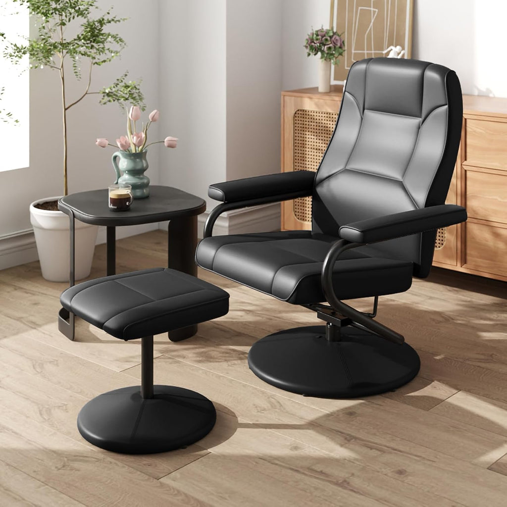 Modern Reclining Swivel Lounge Chair and Ottoman — Black Faux Leather
